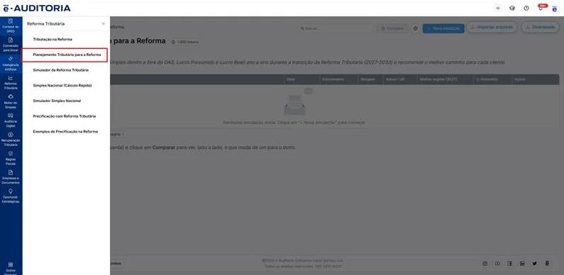 Menu Reforma Tributária da Plataforma e-Auditoria aberto, com o item "Planejamento Tributário para a Reforma" em destaque entre os demais módulos da vertical