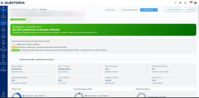 Tela de resultado do Planejamento Tributário para a Reforma, com a recomendação em destaque "Em 2027: permanecer no Simples Unificado", a leitura da situação atual até 2033 e os vetores de decisão com os parâmetros do cálculo