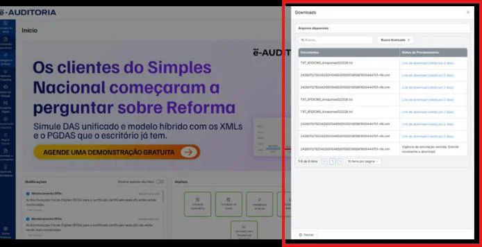 Painel de downloads aberto na Nova Plataforma, listando os arquivos disponíveis com o status de processamento e o link de download válido por 3 dias