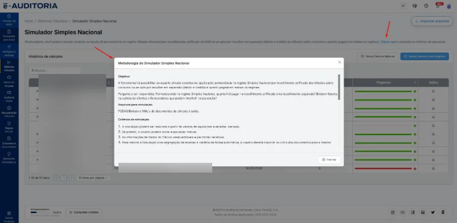 Tela do Simulador Simples Nacional com o modal "Metodologia do Simulador Simples Nacional" aberto, mostrando objetivo, pergunta a ser respondida, arquivos para simulação e os critérios de simulação numerados