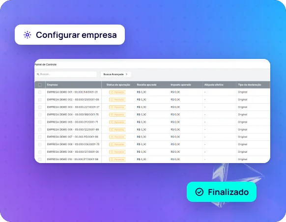 Relação das apurações no Motor do Simples, com status de apuração e de declaração por empresa