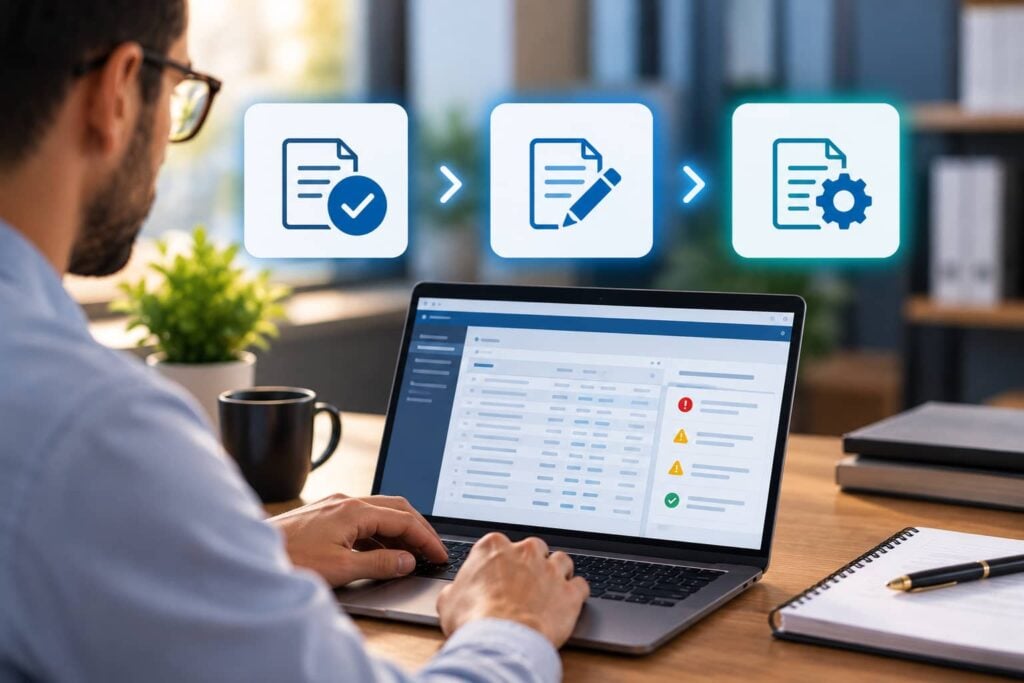 Profissional analisando arquivos fiscais digitais em um computador.