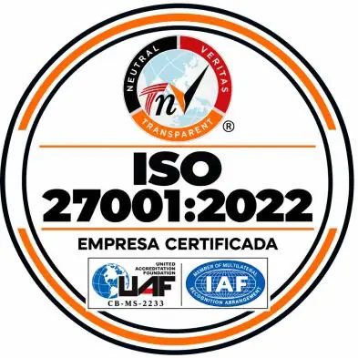 Selo de empresa certificada ISO/IEC 27001:2022, TNV, acreditação UAF CB-MS-2233