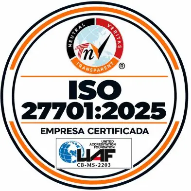 Selo de empresa certificada ISO 27701:2025, TNV, acreditação UAF CB-MS-2203