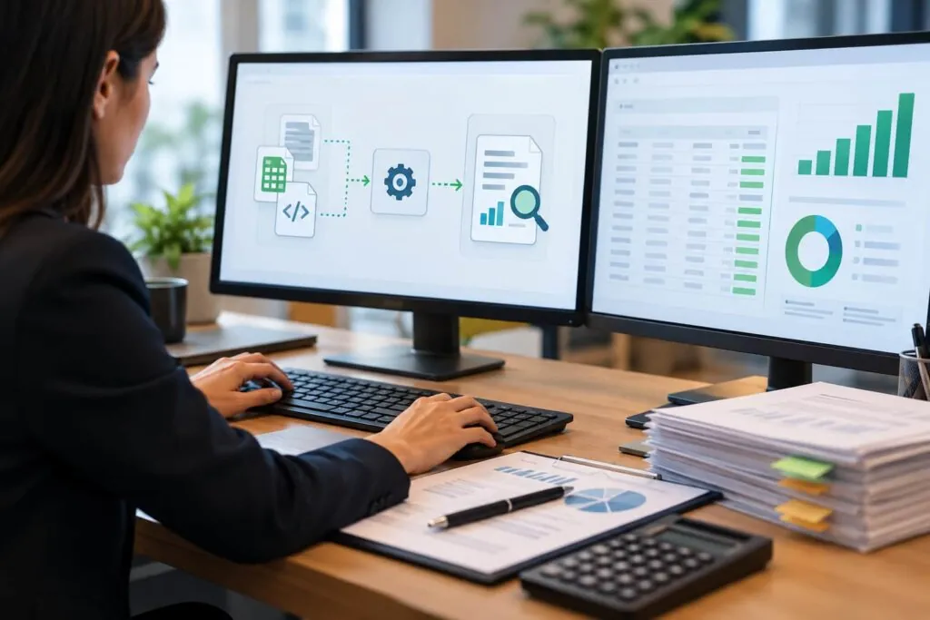 Profissional analisa dados fiscais e relatórios em software de recuperação tributária.