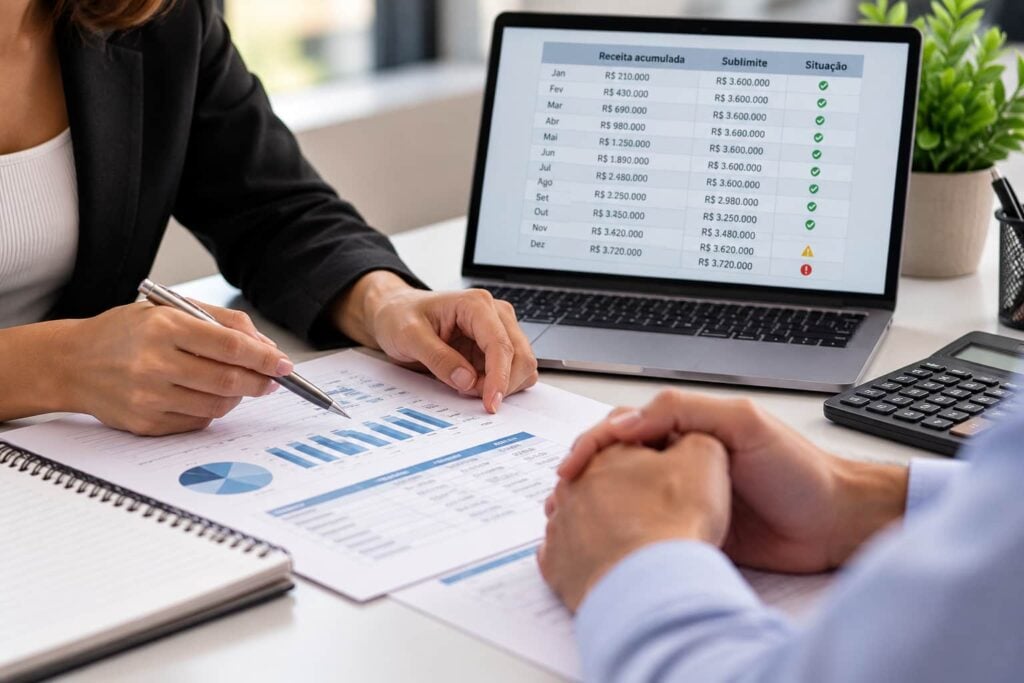 Contador analisando a receita acumulada dos clientes para acompanhar o sublimite do Simples Nacional.